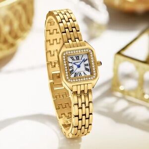 New! Panthere Classic Gold Crystal Stainless Steel Gold Watch